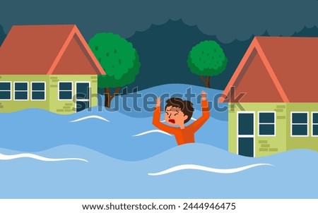 Vector illustration of people  trees and houses drowning in floods