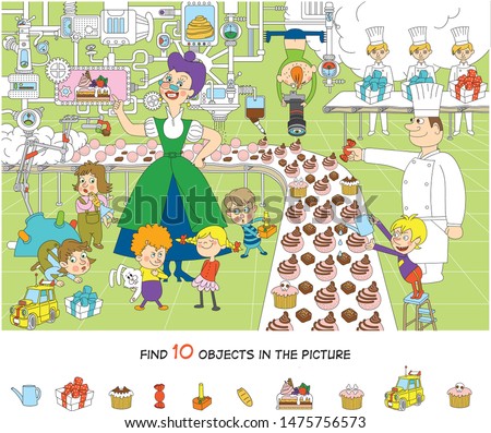 Children on excursions. Confectionery factory. Find 10 objects in the picture. Hidden object puzzles. Funny cartoon character. Vector illustration