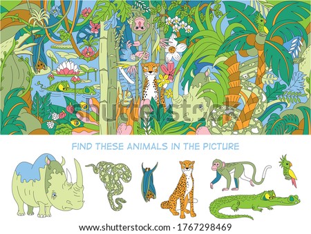Find 7 animals in the picture. Hidden object puzzles. The rainforest and its inhabitants - leopard, rhino, python, parrot, bat, monkey and crocodile.