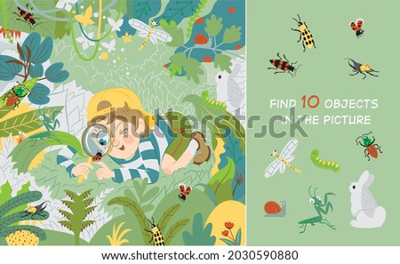 An inquisitive child examines, studies insects in the meadow. Find 10 hidden objects in the picture. Hidden objects puzzle. Vector illustration. 