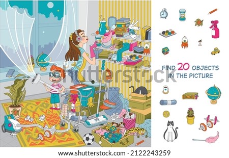 Fun cleaning. Mom and son clean up the room. Vector illustration. Find 20 objects in the picture. Funny cartoon characters 