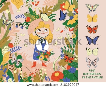 The girl examines butterflies in nature. Find six butterflies in the picture. Hidden Object Puzzle. Vector illustration.
