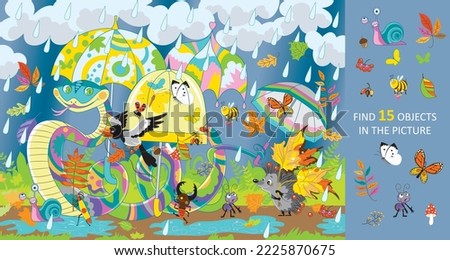 A cheerful snake with umbrellas protects his friends from the rain. Find 15 objects in the picture. Hidden Object Puzzle. Vector illustration.