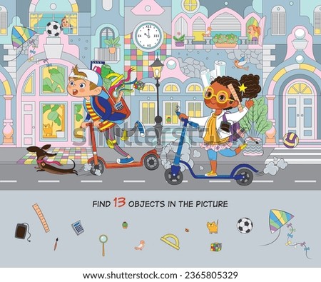 Find 13 objects in the picture. Hidden Object Puzzle. Carefree children ride scooters to school. Vector illustration. Funny cartoon character.