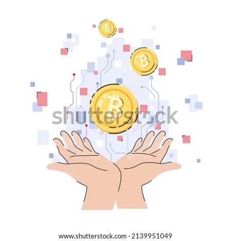 Two hands holding cryptocurrency coins on digital circuit background cartoon flat vector illustration isolated on white background. Cryptocurrency investment in modern technology concept.