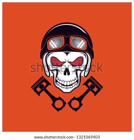 illustration of a white skull wearing a helmet with 2 pistons under it