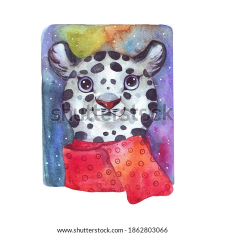 Cute snow Leopard with a warm scarf. Watercolor illustration.