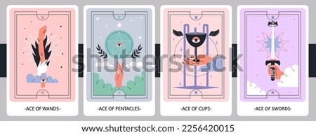 The Minor Arcana, aces of wands, pentacles, cups and swords. Hand-draw vector illustration. Eps 10.
