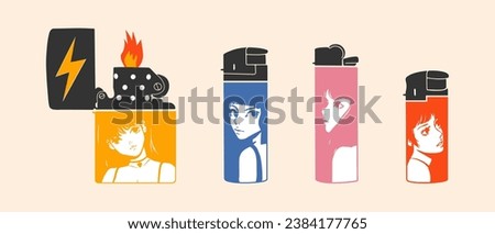 Set of various Lighters. Metal and plastic cigarette lighters with anime style. Hand drawn modern isolated Vector illustrations.