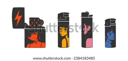 Set of various Lighters. Metal and plastic cigarette lighters with anime style. Hand drawn modern isolated Vector illustrations.