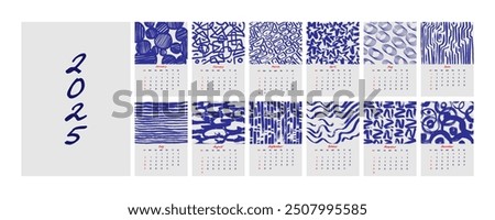 Calendar 2025. Calendar template series. Monthly template. Abstraction shapes. Trendy vector illustration.