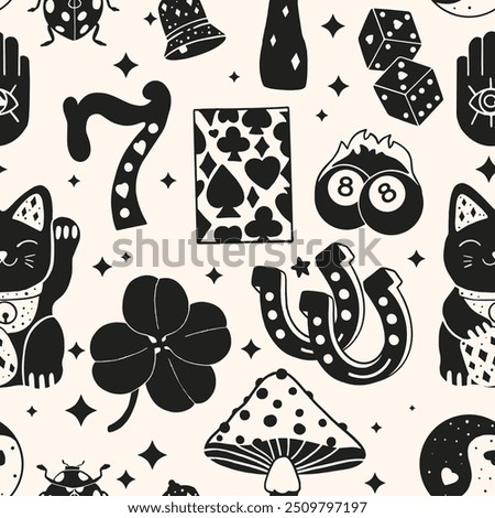 Lucky Items in Linocut Style. Seamless Pattern. Trendy vector illustration.