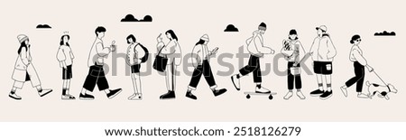 Crowd of young people, men and women, going about their business. Trendy vector illustration.