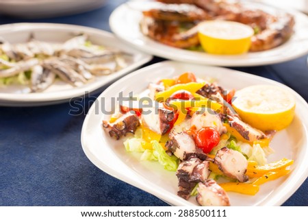 Italian cuisine. Octopus salad. Shallow DOF, horizontal, closeup