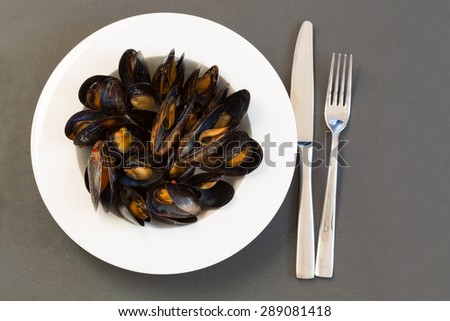Italian cuisine. Mussels in a porcelain plate with folk and knife. Shallow DOF, top view, horizontal, copy space