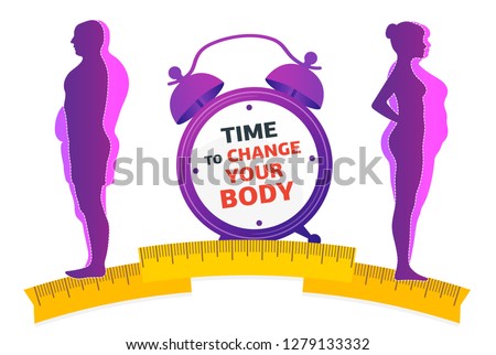 Weight loss. Time to change your body.  Man and woman before and after diet and fitness.
