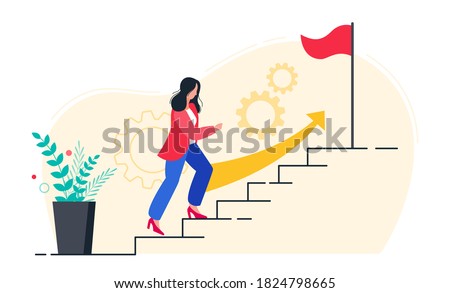 Business woman walking up stairs to their goal. In progress. Move up motivation, the path to the target's achievement.