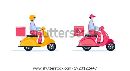 Fast and free delivery by scooter. Delivery man on a moped with a ready meal. 