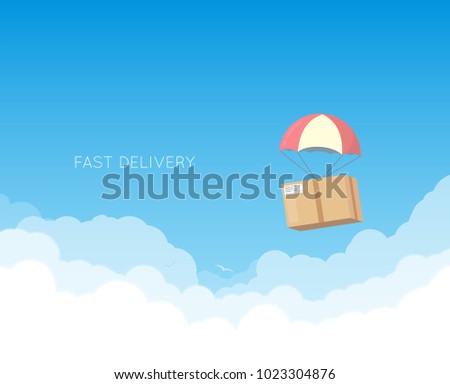 Cardboard with parachute flying down in the sky with white clouds. Delivery concept banner. Text on background. Gift or present box.