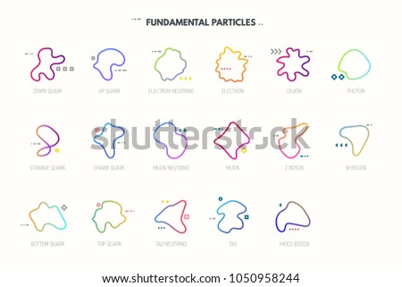 Standard model of elementary particles. String theory particles. Quarks, leptons and bosons table. Geometric abstract shapes. Lines and dots with strings. Line style gradient vector illustration.