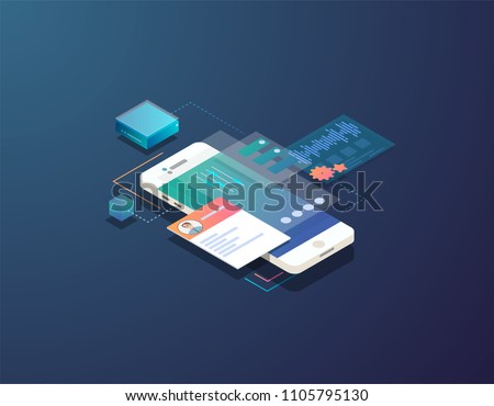 Mobile development concept. Isometric mobile phone with futuristic UI and layers of applications. App on mobile phone. Innovation in UI and software development. 