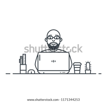 Workspace of wordpress web designer or programmer with laptop. Flat style linear vector. Laptop with cactus and pen with ruler. Thin line modern style vector illustration. Working with notebook.