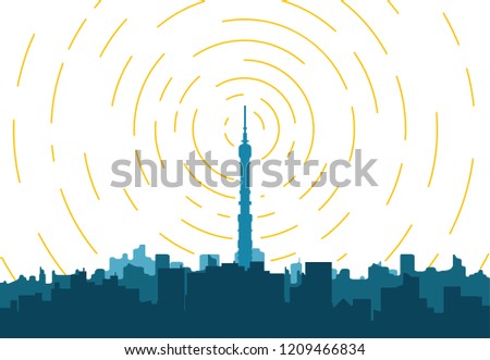 Radio transmitter. Tower with tv signal transmitter. City with buildings and skyscrapers on background. Flat style line vector illustration. Business city center with modern houses an radio tower. 