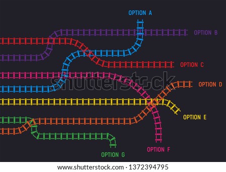 Train rail tracks, railroad infographic template. Railway tracks in directions. Colorful tracks going in different directions with option. Rail map or logistic options.