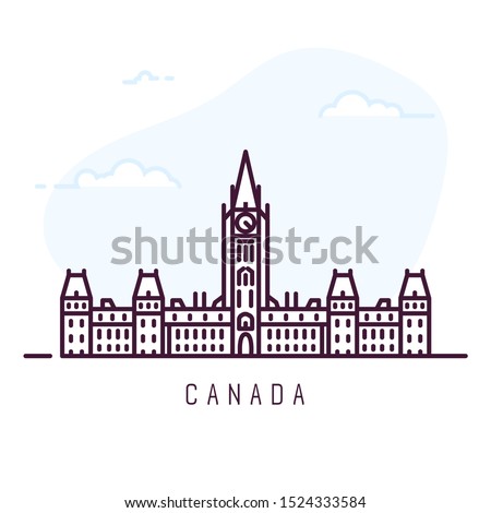 Canada city line style illustration. Famous Centre Block in Ottawa, Ontario. Architecture city symbol of Canada. Outline building. Sky clouds on background. Travel and tourism banner.