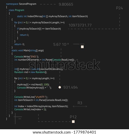 Realistic code in IDE with abstract elements. Software development, back end and front end. Vector image of lines of code. Script or method on programming language in code editor.