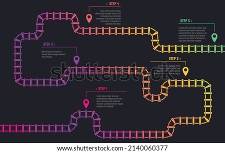 Railway track infographic template with 5 steps. Color gradient and stops on track. Pin and text on every station. Travel or bussines roadmap concept.