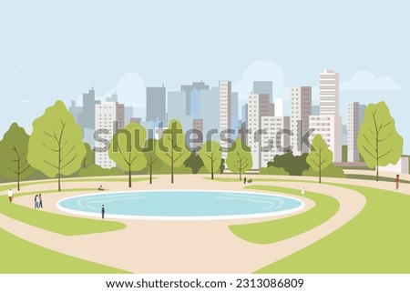 City park lawn and trees, small pond or fountain and abstract people figure. Flat style vector. On background business city center with skyscrapers. Green park vegetation in center of big town.