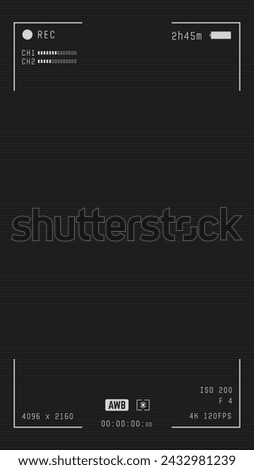 Video camera viewfinder vertical overlay. 16:9 template. Full hd or 4k format for smart phone. Camera frame vector template. White lines and text, rec icon on black background with distortion.