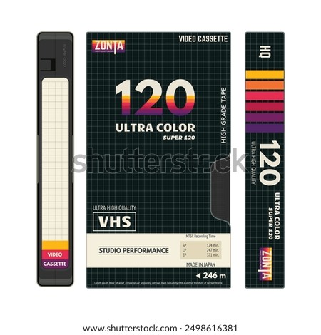 Retro style VHS video cassettes front view with label and black cover, cover side view. Empty labels with lines for text. Magnetic cassette label fantasy 90s cover design. Vector illustration.