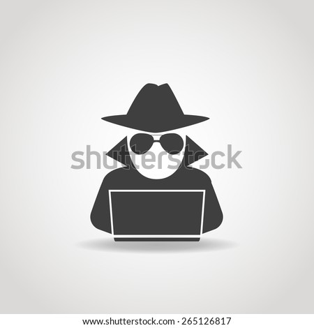 Black icon of anonymous spy agent searching on laptop.