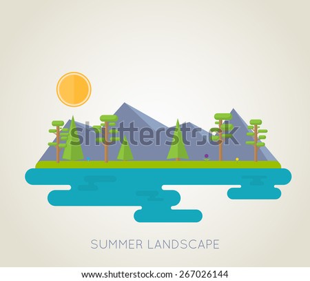Simple, flat illustration of summer landscape. Mountains, lake, fir-trees, flowers and bright sun.