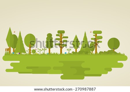 Flat set of forest vegetation. Trees, grass, bushes, butterflies.