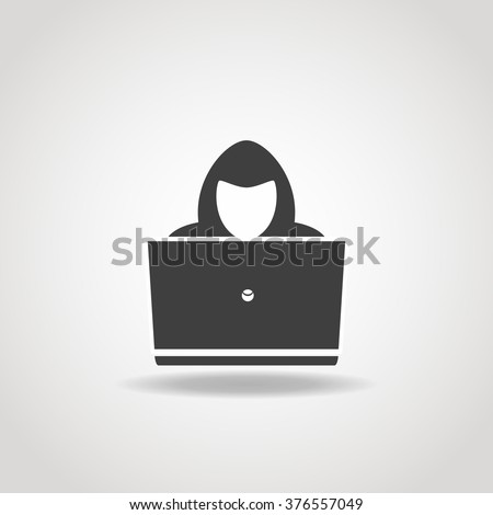 Black icon of hacker with big laptop.