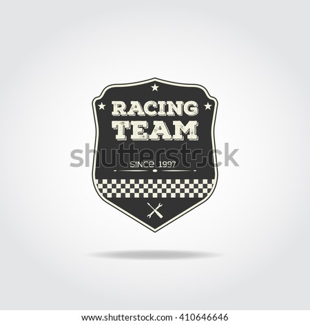 Simple black badge. Racing club emblem with flag and wrench.