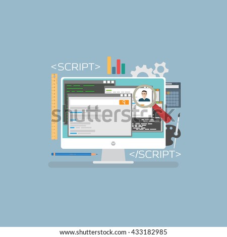 Flat web development concept. Web browser and window on monitor and programs for scripting and programming web applications on html 5 programming lenguage.