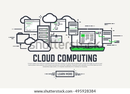 Flat style, thick and thin line design concept. Set of application window, servers, laptop and clouds. Cloud computing technology banner.