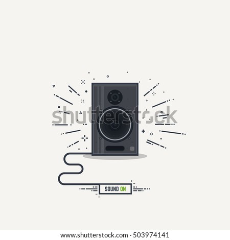 Black and gray loudspeaker with abstract sound waves. Thick lines and flat style illustration. Acoustic concept with cord and text button sound on.