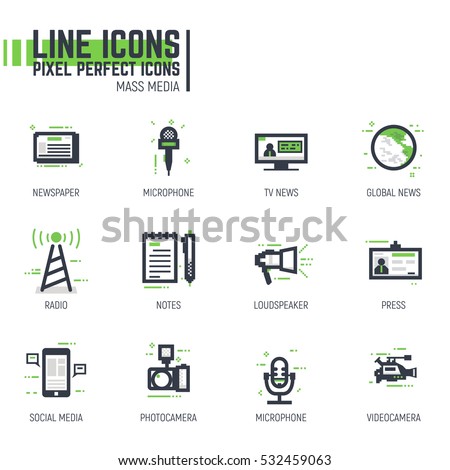Mass media line pixel style icons set. News and media related items. Green and black colors. Tv with news, phone with social media.