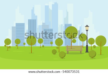 City park wooden bench, lawn and trees. Flat style illustration. On background business city center with skyscrapers and large buildings. Green park vegetation in center of big town