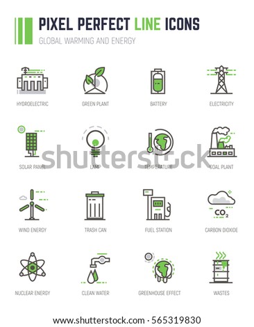 Set of pixel line icons. Alternative energy sources icons. Global warming and climate change concept. Sustainable energy.