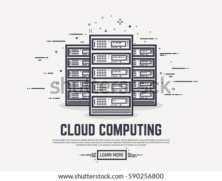 Three cloud servers. Thick lines and flat style illustration. Server with display and abstract lines.