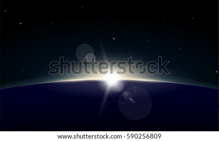 Horizontal poster of rising Sun on Earth. View from space, with glowing on horizon and lens flare. Black space and dark night planet. Beginning of new day. Sun rays and glow.