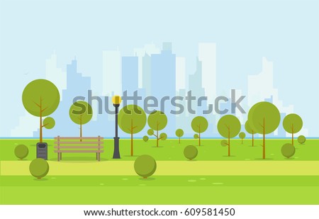 City park wooden bench, lawn and trees, trash can. Flat style illustration. On background business city center with skyscrapers and large buildings, river. Green park vegetation in center of big town.