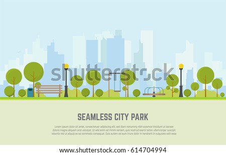 Seamless city park bench, lawn and trees, trash can, swings and carousels. Flat style vector. On background business city center with skyscrapers. Green park vegetation in center of big town.