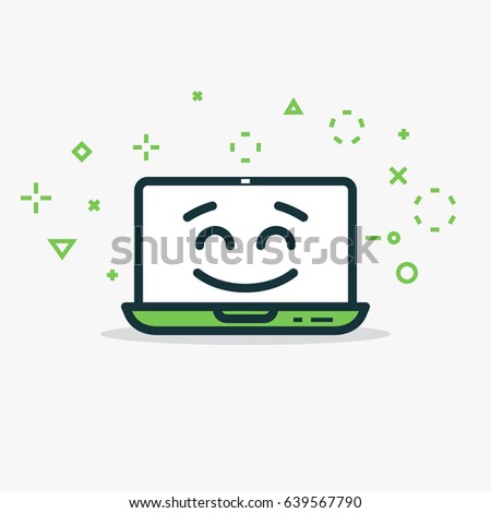 Happy laptop. Computer with happy face and smile. Line style, flat illustration with abstract symbols and lines. Notebook concept. Smiley face with eyes and eyebrows. Green colors.